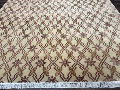 Tibetan Rug 8x10, Wool with Silk Highlights, Beige and Maroon, Contemporary Carpet - Nuvé