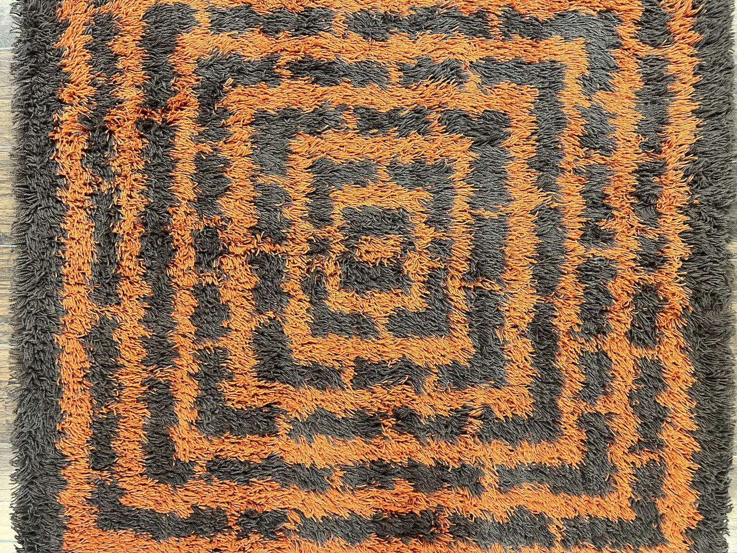 Vintage Rya Shag Rug 4.6 x 6.6, Abstract Design, Brown and Orange, Mid Century Danish Rya Carpet - Nuvé