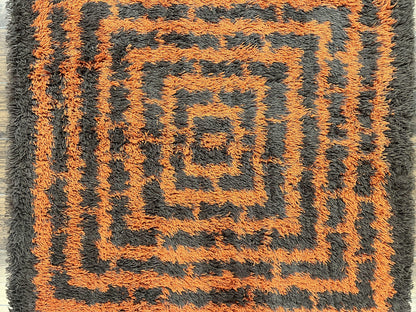Vintage Rya Shag Rug 4.6 x 6.6, Abstract Design, Brown and Orange, Mid Century Danish Rya Carpet - Nuvé