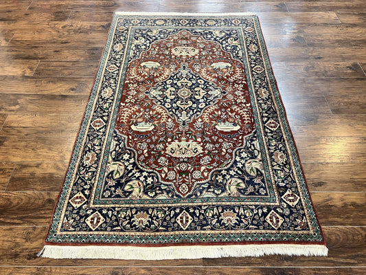 Pak Persian Rug 5x7, Wool Hand Knotted Vintage Carpet, Floral Medallion Rug, Brick Red & Navy Blue, Fine Weave, Medium Sized Rug - Nuvé