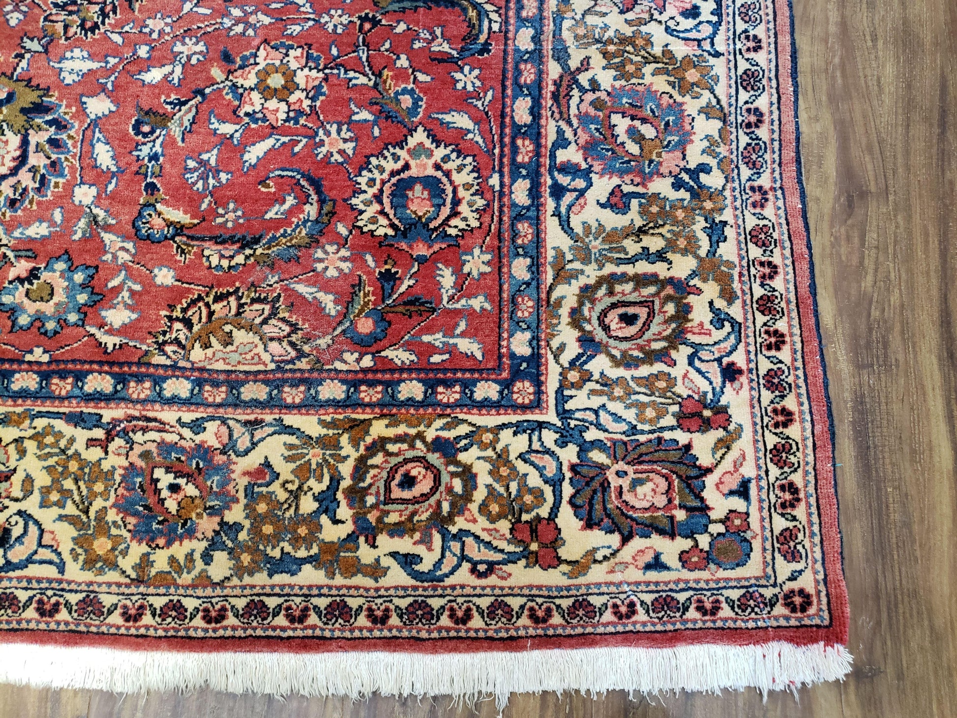 Semi Antique Persian Kashan Rug, Red & Beige, Hand-Knotted, Wool, 4'7" x 6' 6", Pair B - Nuvé