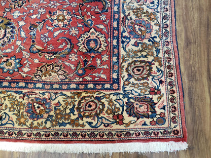 Semi Antique Persian Kashan Rug, Red & Beige, Hand-Knotted, Wool, 4'7" x 6' 6", Pair B - Nuvé