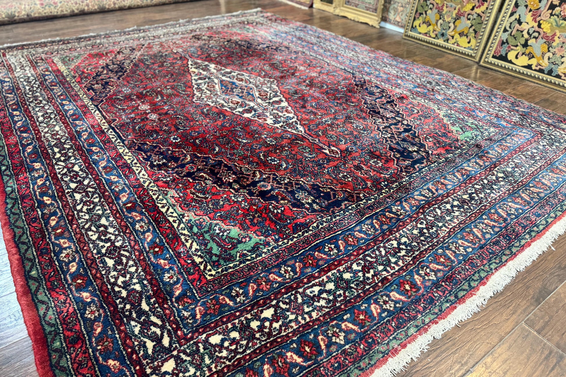Antique Persian Hamadan Tribal Rug 8x10, Red and Ivory, Medallion Rug, Wool Handmade Carpet - Nuvé