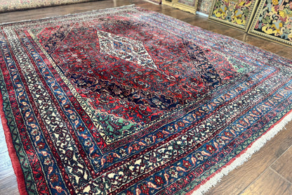 Antique Persian Hamadan Tribal Rug 8x10, Red and Ivory, Medallion Rug, Wool Handmade Carpet - Nuvé