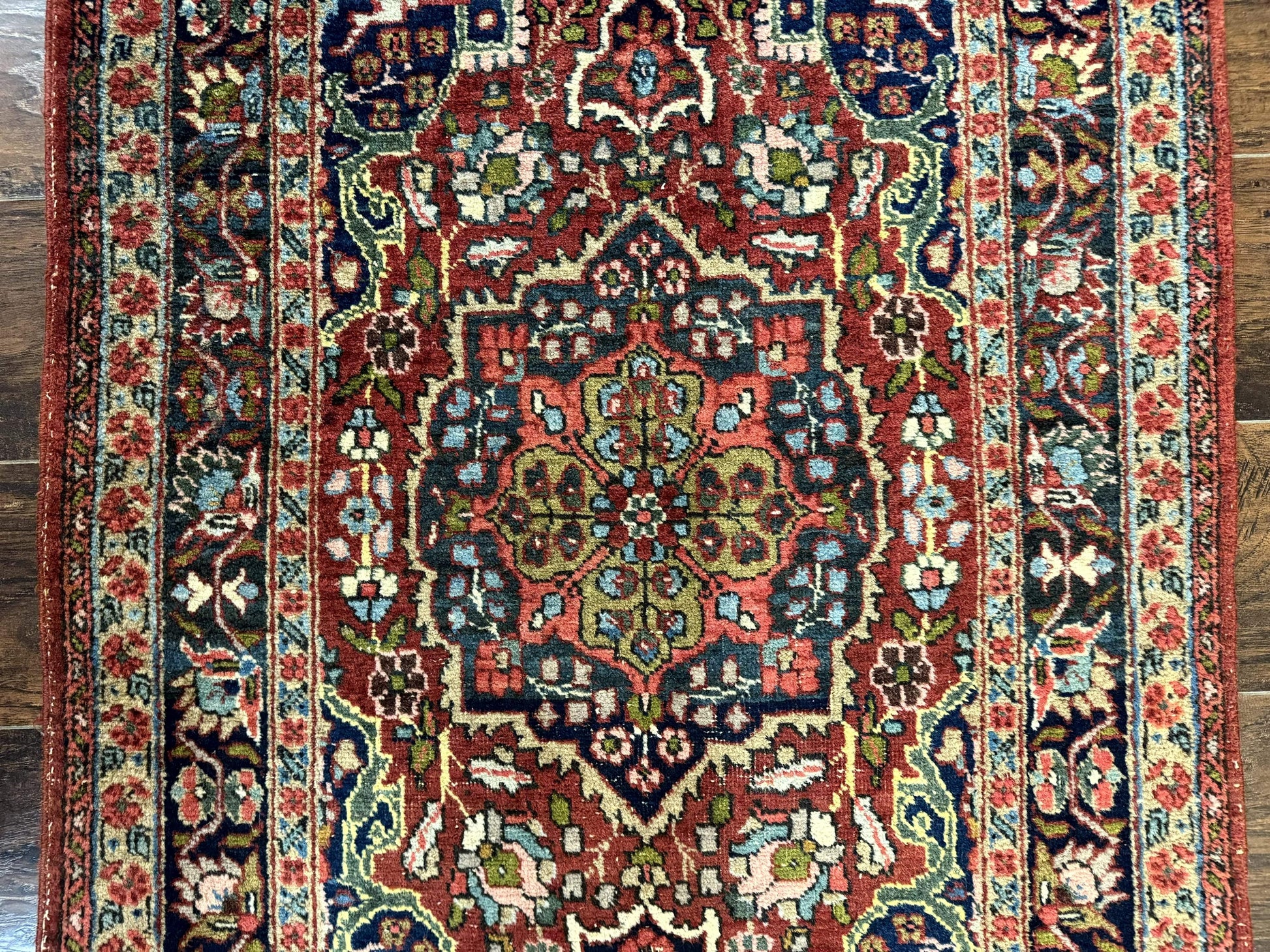 Antique Persian Tabriz Rug 3x5, Brick Red Navy Blue, Floral Medallion, Small Persian Carpet - Nuvé