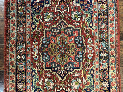 Antique Persian Tabriz Rug 3x5, Brick Red Navy Blue, Floral Medallion, Small Persian Carpet - Nuvé