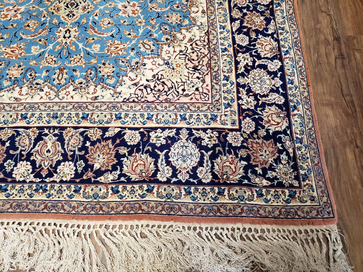 Persian Isfahan Rug, Kork Wool on Silk Foundation, Sky Blue, Hand-Knotted, 5' 1" x 7' 8" - Nuvé