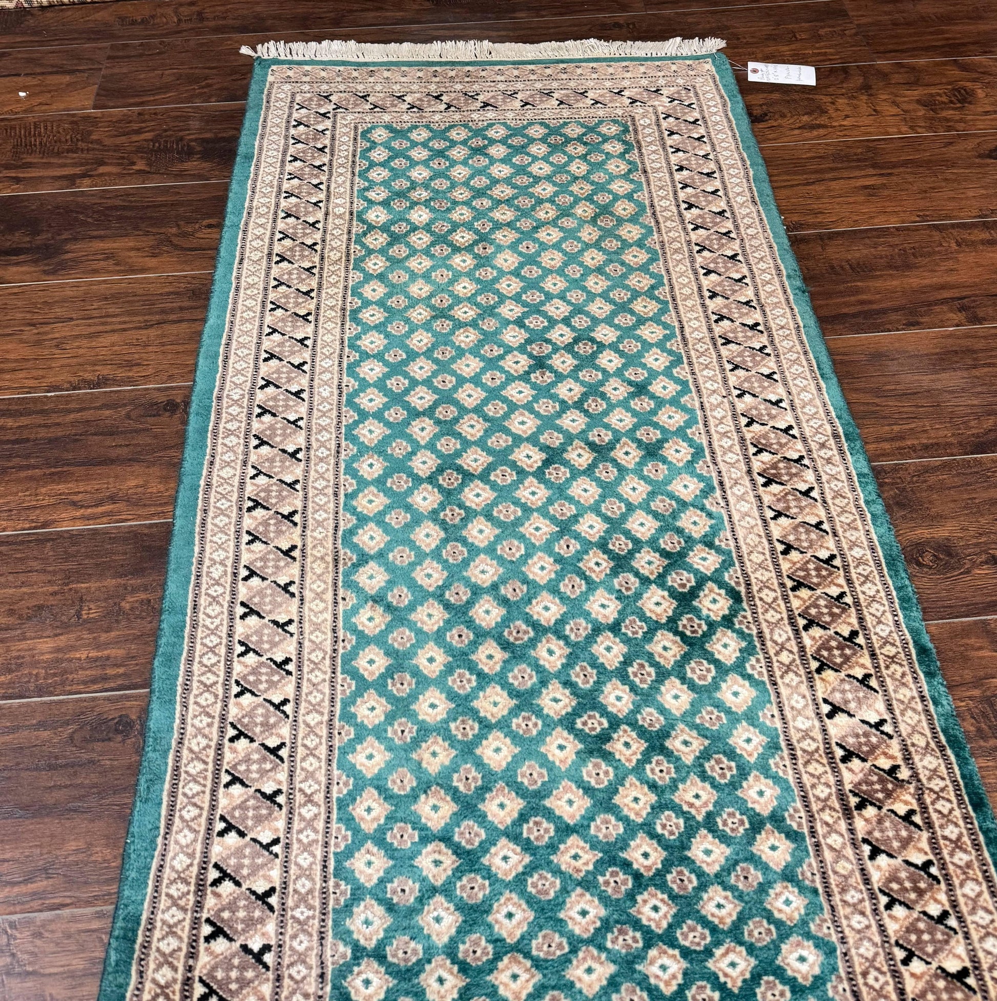 Long Pakistani Runner Rug 2.8 x 20, Hand Knotted Vintage Wool Hallway Rug, Turkoman Rug, Teal and Tan, Handmade Vintage Wool Runner - Nuvé