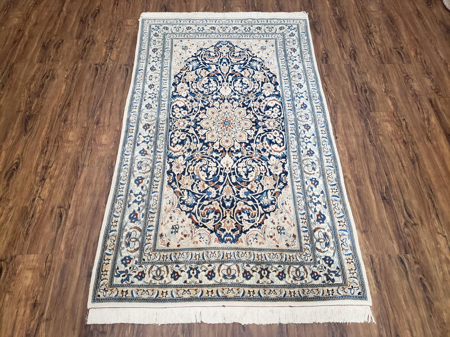 Semi Antique Fine Persian Nain Rug, Ivory & Blue, Wool with Silk Accents, 3'9" x 6'2" - Nuvé