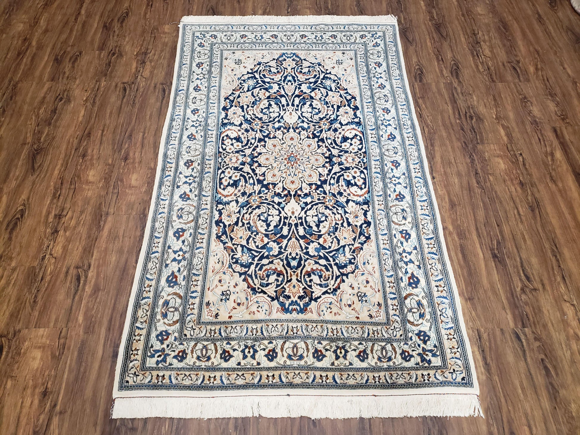 Semi Antique Fine Persian Nain Rug, Ivory & Blue, Wool with Silk Accents, 3'9" x 6'2" - Nuvé