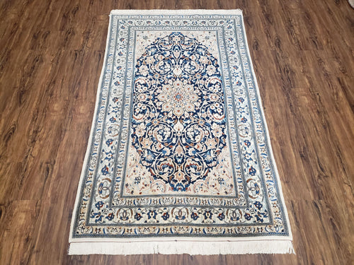 Semi Antique Fine Persian Nain Rug, Ivory & Blue, Wool with Silk Accents, 3'9" x 6'2" - Nuvé
