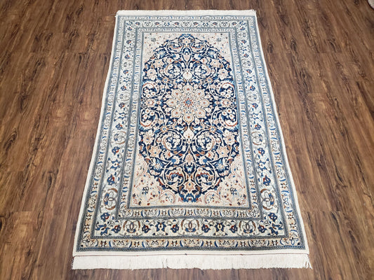Semi Antique Fine Persian Nain Rug, Ivory & Blue, Wool with Silk Accents, 3'9" x 6'2" - Nuvé