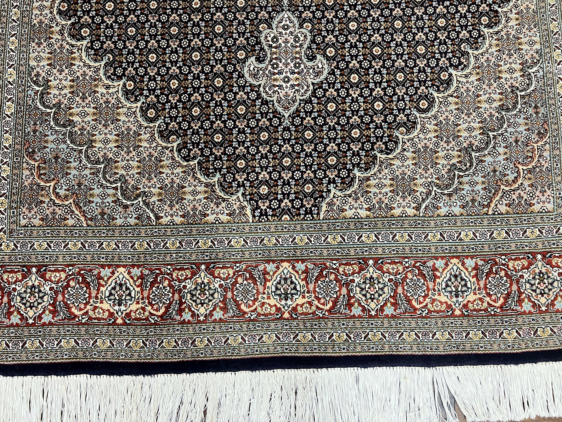 Persian Tabriz Rug 5x7, Wool with Silk Highlights, Hand Knotted Vintage Oriental Carpet, Very Fine, Herati Mahi Pattern, Black, Rare - Nuvé