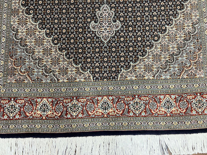 Persian Tabriz Rug 5x7, Wool with Silk Highlights, Hand Knotted Vintage Oriental Carpet, Very Fine, Herati Mahi Pattern, Black, Rare - Nuvé