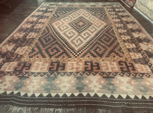 Antique Persian Tribal Kilim Rug 9x12, Zig Zag Pattern Kilim, Zarand Rug, Wool, Earth Tone Colors - Nuvé
