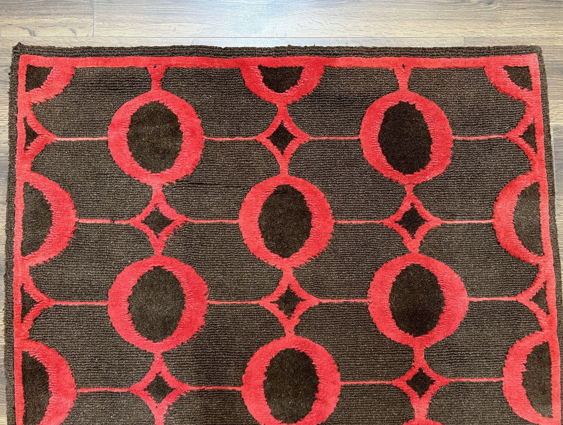 Modern Tibetan Rug 3.8 x 5.7, Raspberry Red and Dark Brown, Abstract Circle Design, Hand Knotted, Soft Wool Handmade Tibet Nepali Carpet 4x6 - Nuvé