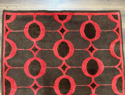 Modern Tibetan Rug 3.8 x 5.7, Raspberry Red and Dark Brown, Abstract Circle Design, Hand Knotted, Soft Wool Handmade Tibet Nepali Carpet 4x6 - Nuvé