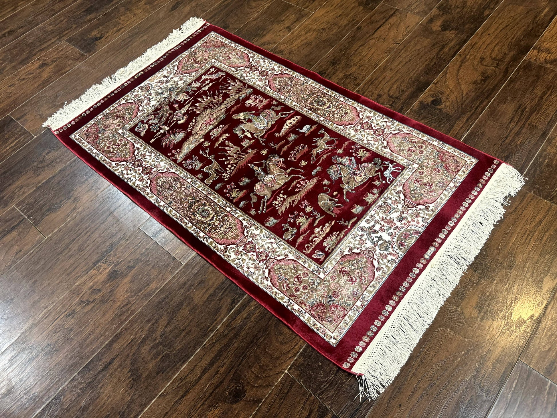 Dark Red Turkish Silk Rug 2.6 x 4, Hunting Design Scene, Bamboo Silk - Nuvé