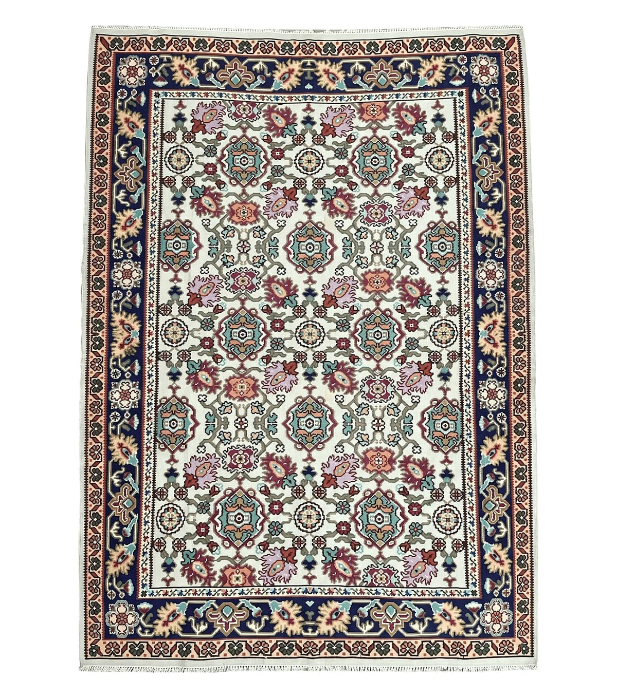 Antique Turkish Kilim Rug 7x10 Allover Pattern, Ivory Cream Maroon Light Blue, Wool Flatweave Hand Woven, Large Kilim, Vintage Kilim Carpet