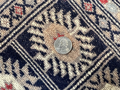 Pakistani Bokhara Rug 8x10, Turkoman Carpet, Dark Blue and Beige, Vintage Handmade Wool Carpet - Nuvé