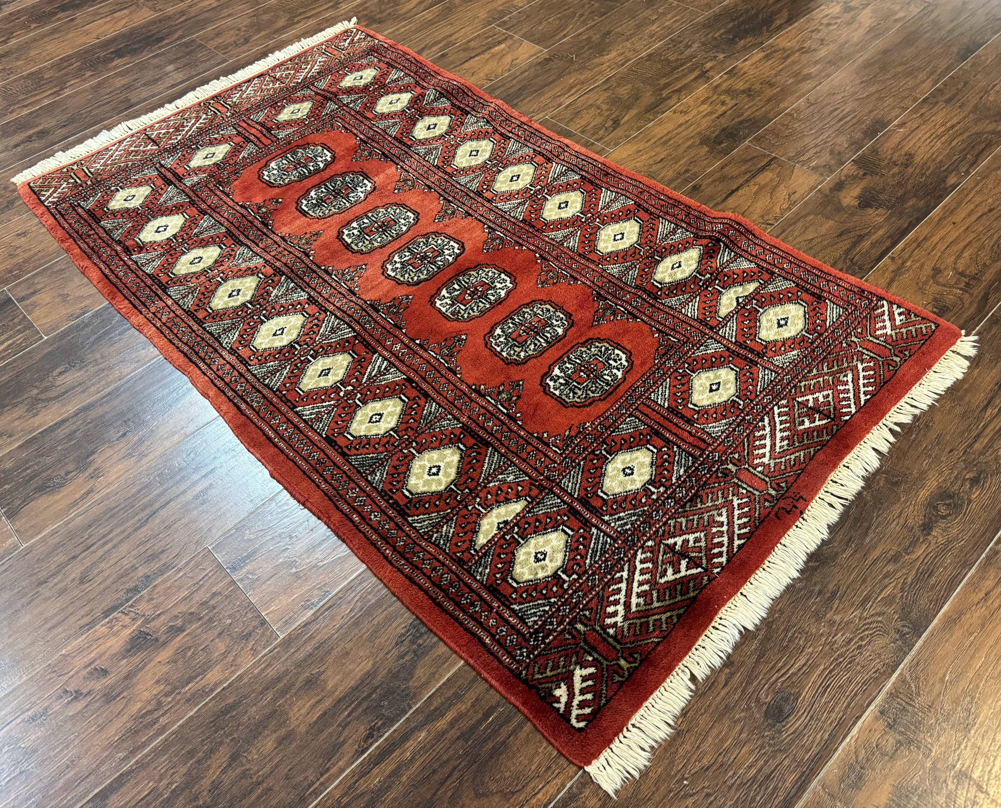 Red Pakistani Turkoman Rug 3x5, Bokhara Design, Vintage, Signed - Nuvé