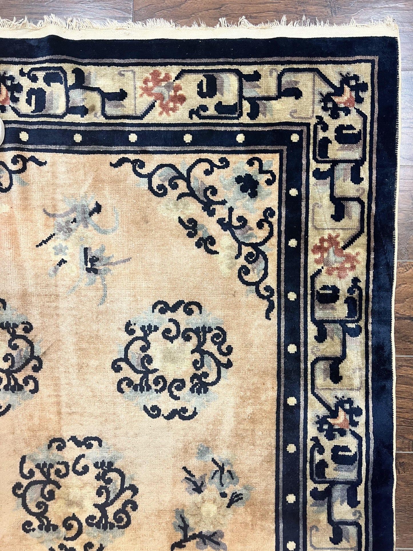 Chinese Peking Rug 4x6, Wool Hand Knotted Handmade Vintage Semi Antique Carpet, Semi Open Field, Light Peach & Navy Blue, Art Deco Rug - Nuvé