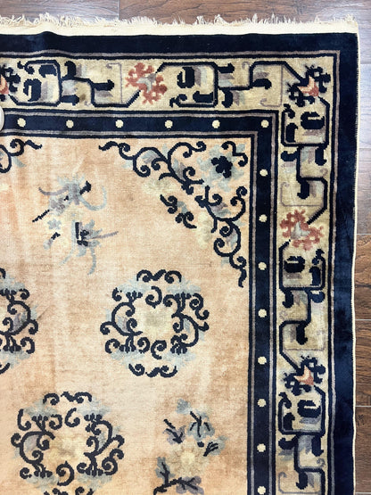 Chinese Peking Rug 4x6, Wool Hand Knotted Handmade Vintage Semi Antique Carpet, Semi Open Field, Light Peach & Navy Blue, Art Deco Rug - Nuvé