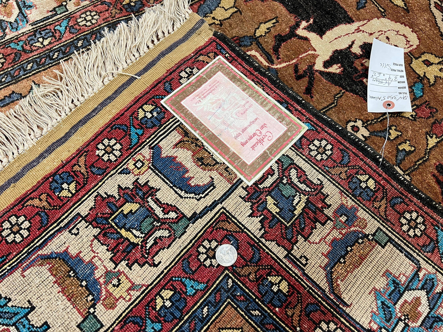 Unique Afghan Silk Rug 4x6, Hunting Pattern Animal Motifs, Light Brown and Cream, Persian Handwritten Poetry, Fine 1940s Oriental Carpet Wow - Nuvé