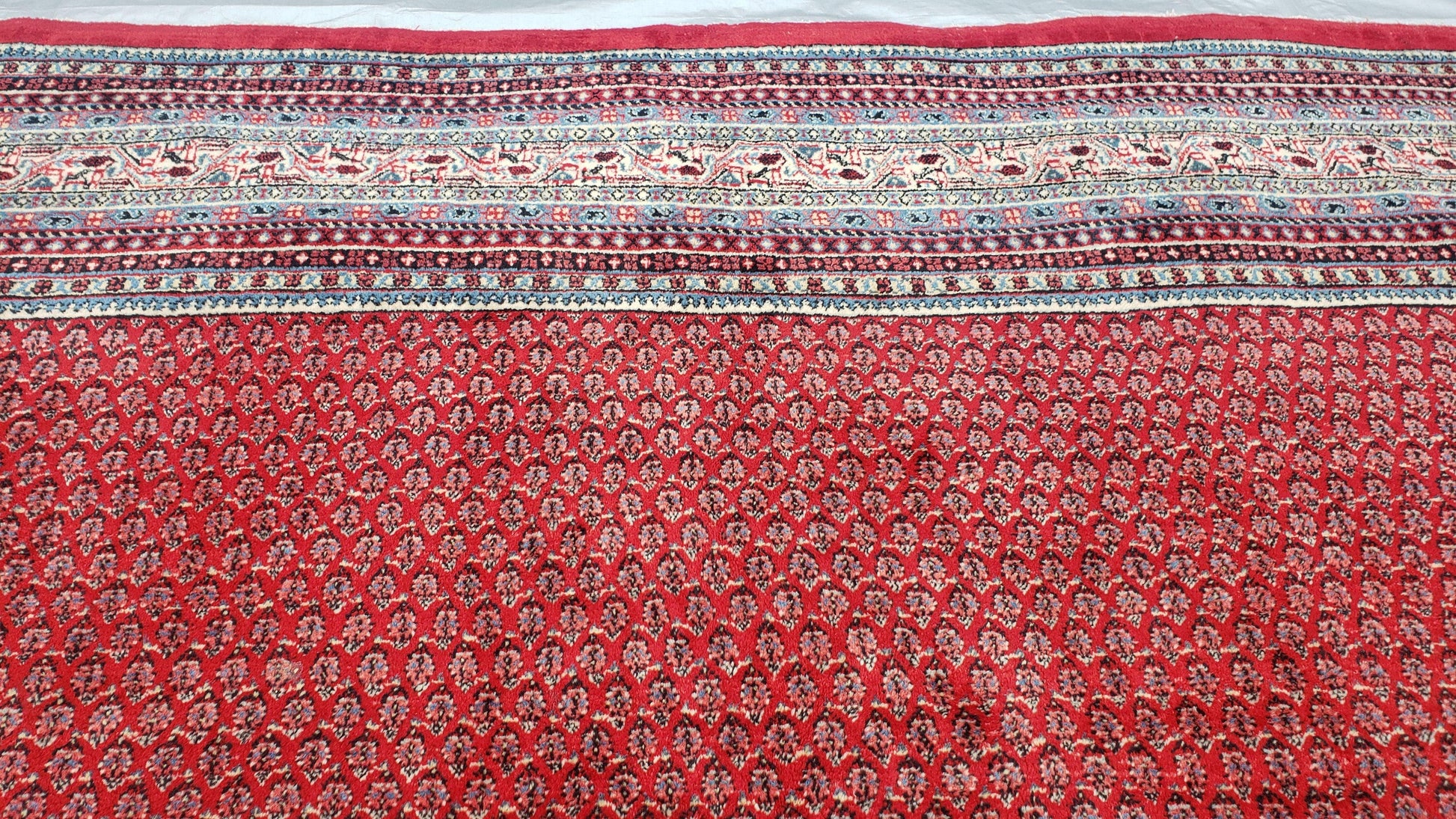 Persian Sarouk Mir Pattern, Red and Beige, Hand-Knotted, Wool, Paisley Boteh Design, 9'9" x 13', Semi Antique - Nuvé