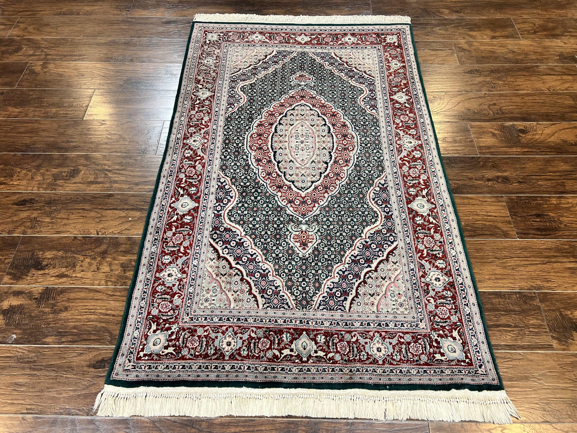 Sino Persian Rug 4x6, Wool with Silk Highlights, Fine Hand Knotted Carpet, Green & Maroon Red, Herati Medallion, Vintage Rug - Nuvé