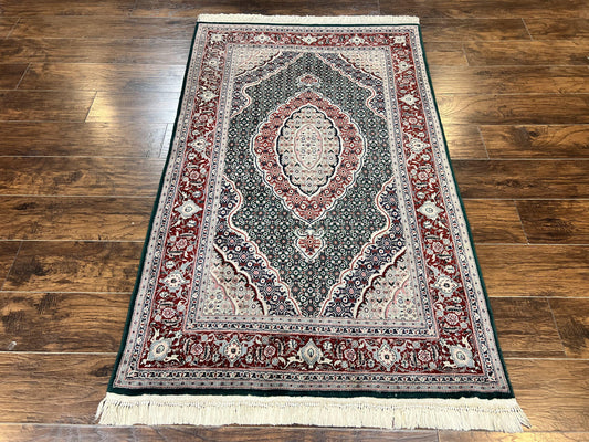 Sino Persian Rug 4x6, Wool with Silk Highlights, Fine Hand Knotted Carpet, Green & Maroon Red, Herati Medallion, Vintage Rug - Nuvé