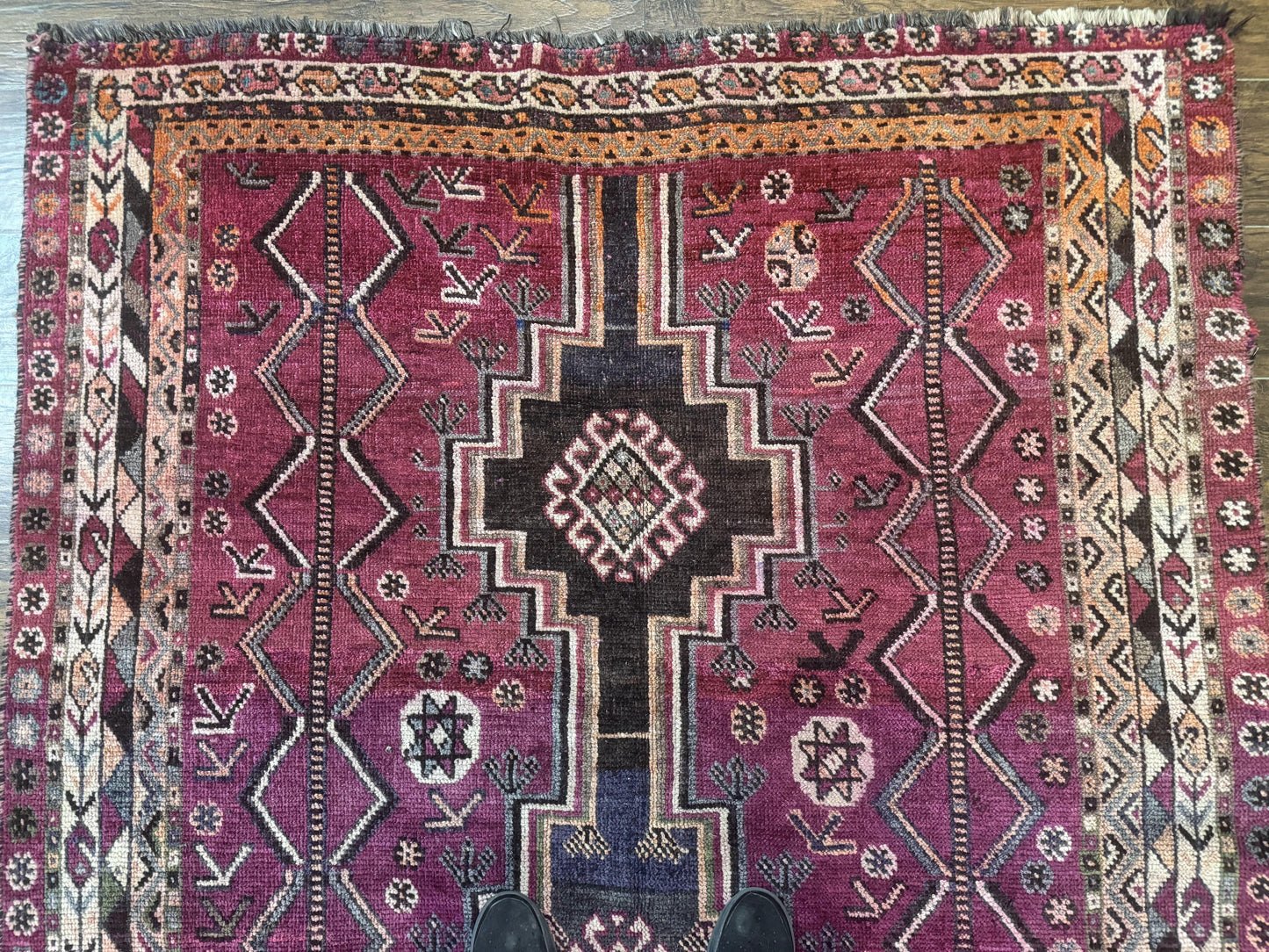 Persian Tribal Shiraz Rug 5x8, Geometric, Raspberry Red and Charcoal, Antique Persian Carpet - Nuvé