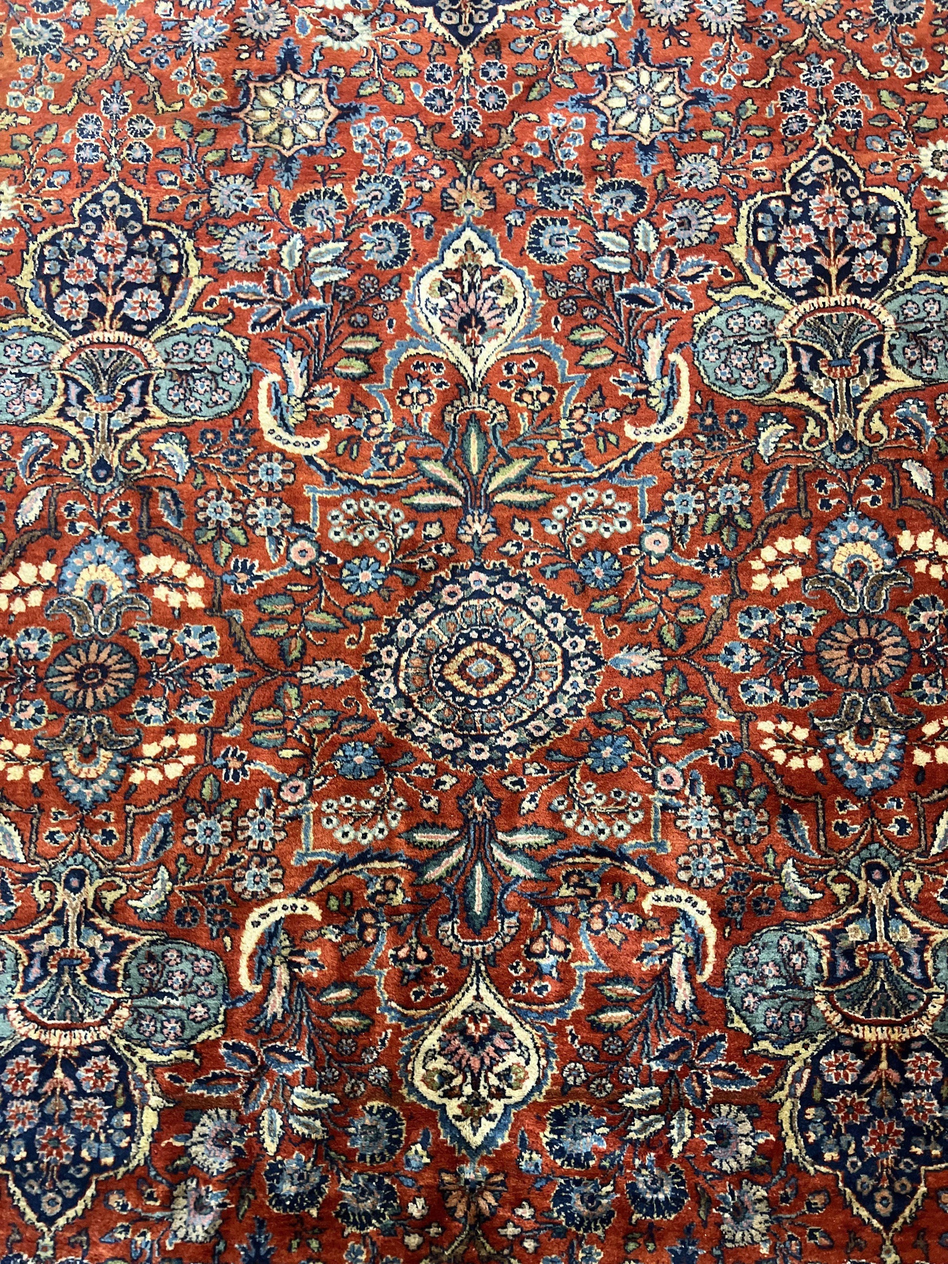 Persian Sarouk Rug 9x12, Red and Dark Blue Floral Allover Antique Persian Carpet, Handmade Wool Qazvin Rug - Nuvé