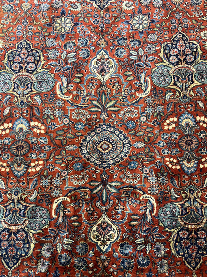 Persian Sarouk Rug 9x12, Red and Dark Blue Floral Allover Antique Persian Carpet, Handmade Wool Qazvin Rug - Nuvé