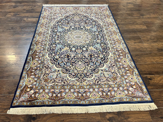 Pak Persian Rug 5x7, Navy Blue Hand Knotted Wool Oriental Carpet 5 x 7 ft, Floral Medallion, Traditional Vintage Pakistani Rug, 225 KPSI - Nuvé