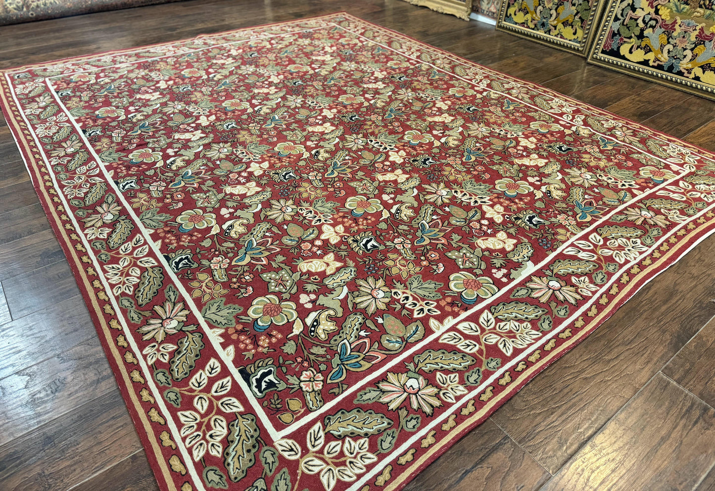 Indian Hand Stitched Rug 8x10, Large Vintage Floral Handmade Carpet, Dark Red Multicolor