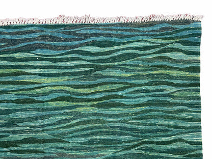 Sea Green Kilim Area Rug, White Blue Red Stripes, Russian Flag Rug, Flatweave Hand Knotted Carpet, Turkish Carpet, Wool, New, 5' 6" x 7' 10" - Nuvé