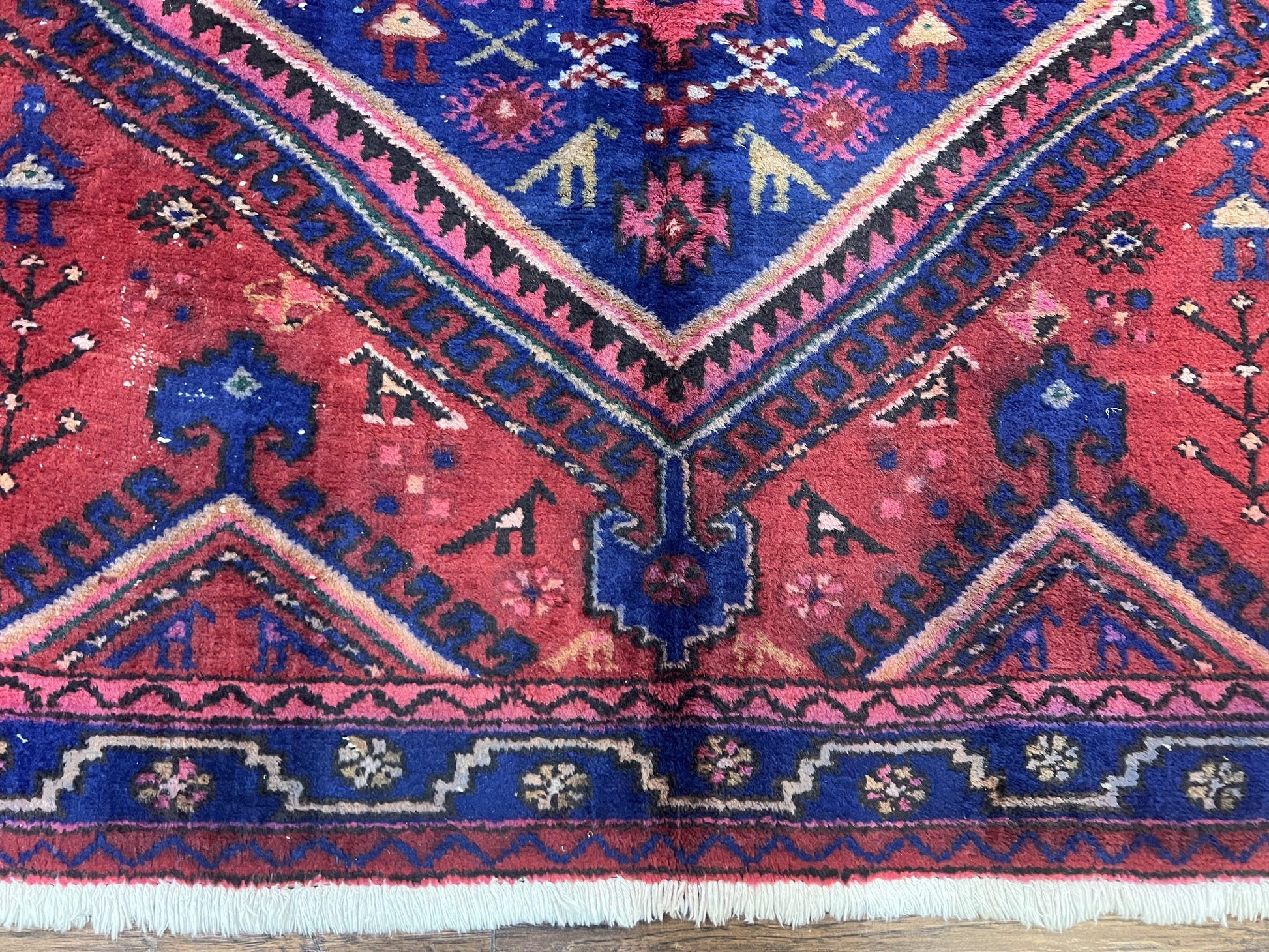Persian Tribal Rug 5x7, Wool Handmade Vintage Hamadan Nahavand Carpet, Red & Navy Blue, Animal Motifs, Geometric Oriental Rug 5 x 7 - Nuvé