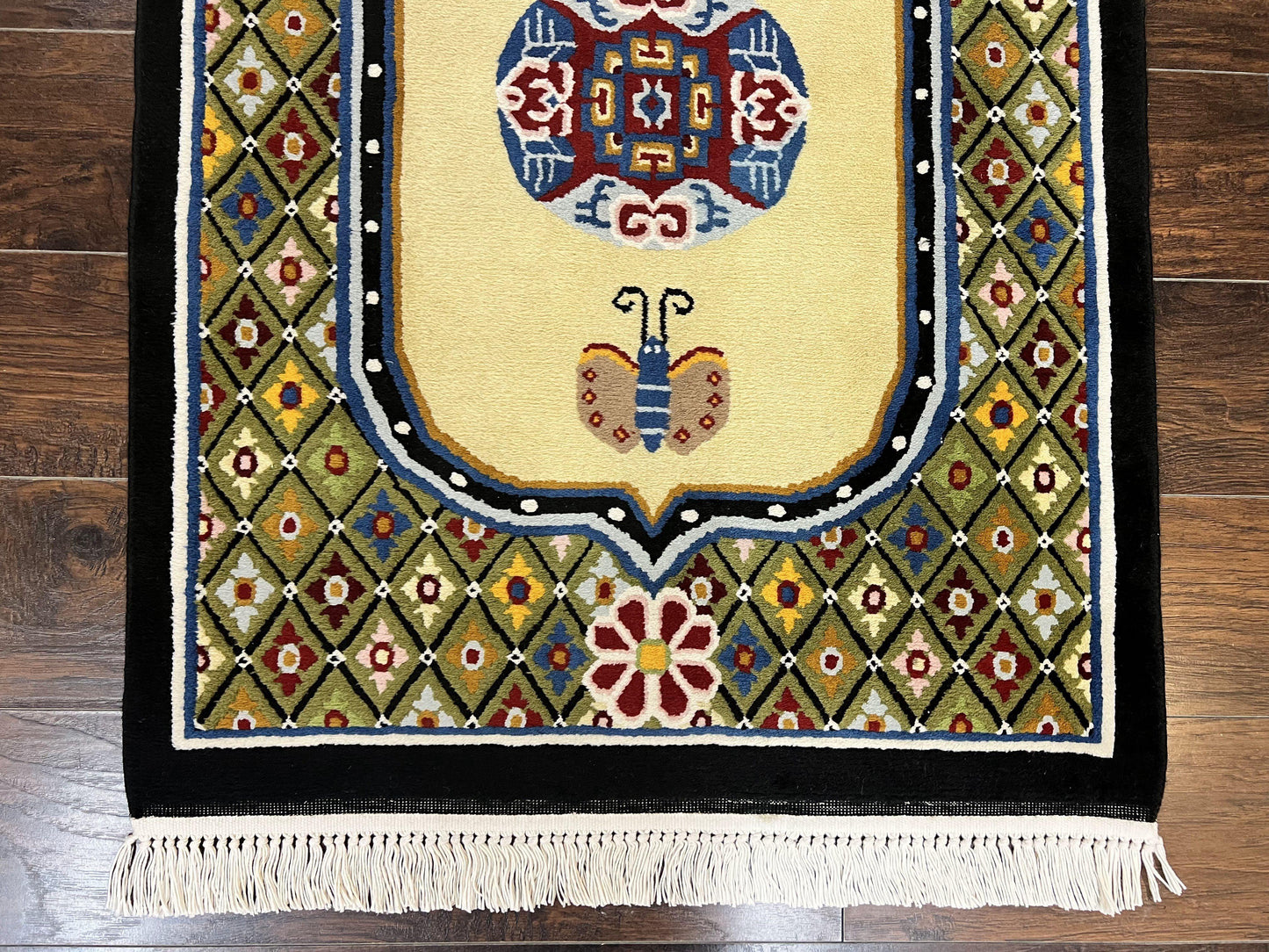 Chinese Rug 3x6 ft, Chinese Wool Rug, Tiensin Rug, Handmade Wool 3 x 6 Vintage Peking Rug, Art Deco Rug, Butterflies - Nuvé