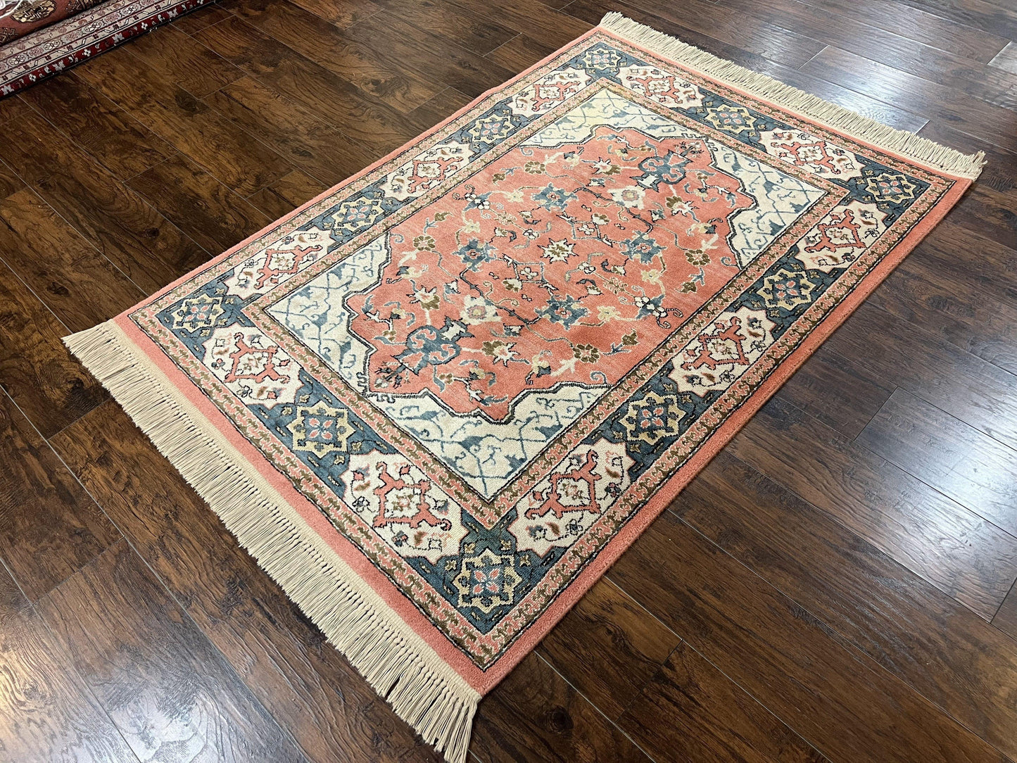 Karastan Rug 4x6 Bergama Design #737, Karastan Area Rug, Vintage Wool Karastan Carpet, Original Collection 700 Series, Salmon Red Light Blue - Nuvé