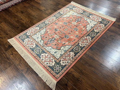 Karastan Rug 4x6 Bergama Design #737, Karastan Area Rug, Vintage Wool Karastan Carpet, Original Collection 700 Series, Salmon Red Light Blue - Nuvé