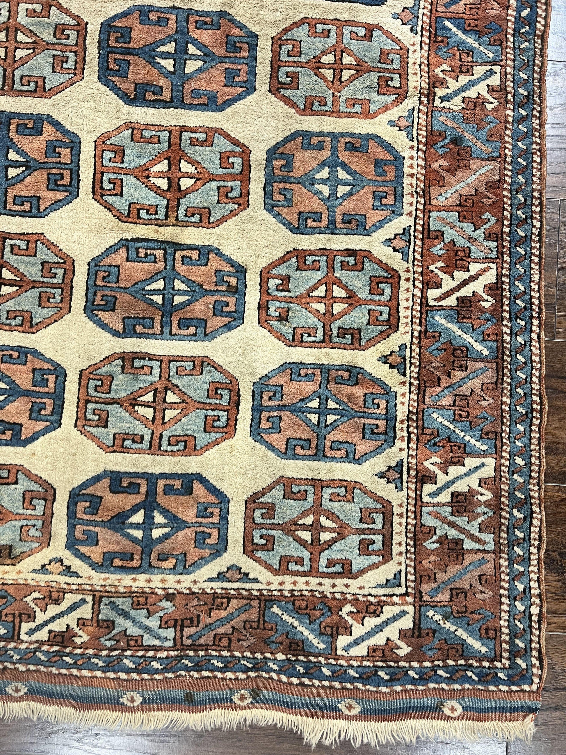 Turkish Kazak Rug 3x4, Wool Hand Knotted Handmade Vintage Carpet, Geometric Tribal Repeated Motif, Small 3 x 4 Antique Rug, Cream Red - Nuvé