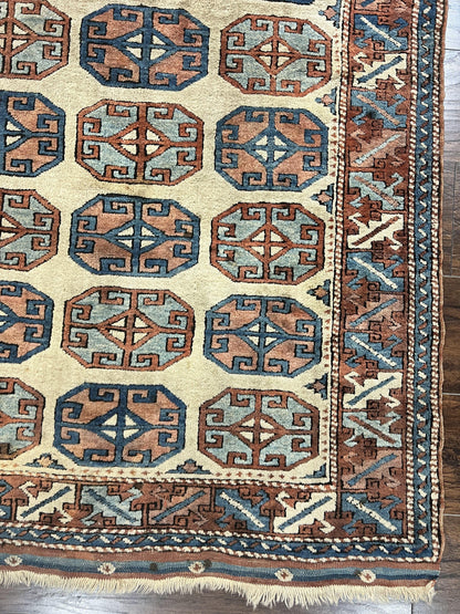 Turkish Kazak Rug 3x4, Wool Hand Knotted Handmade Vintage Carpet, Geometric Tribal Repeated Motif, Small 3 x 4 Antique Rug, Cream Red - Nuvé