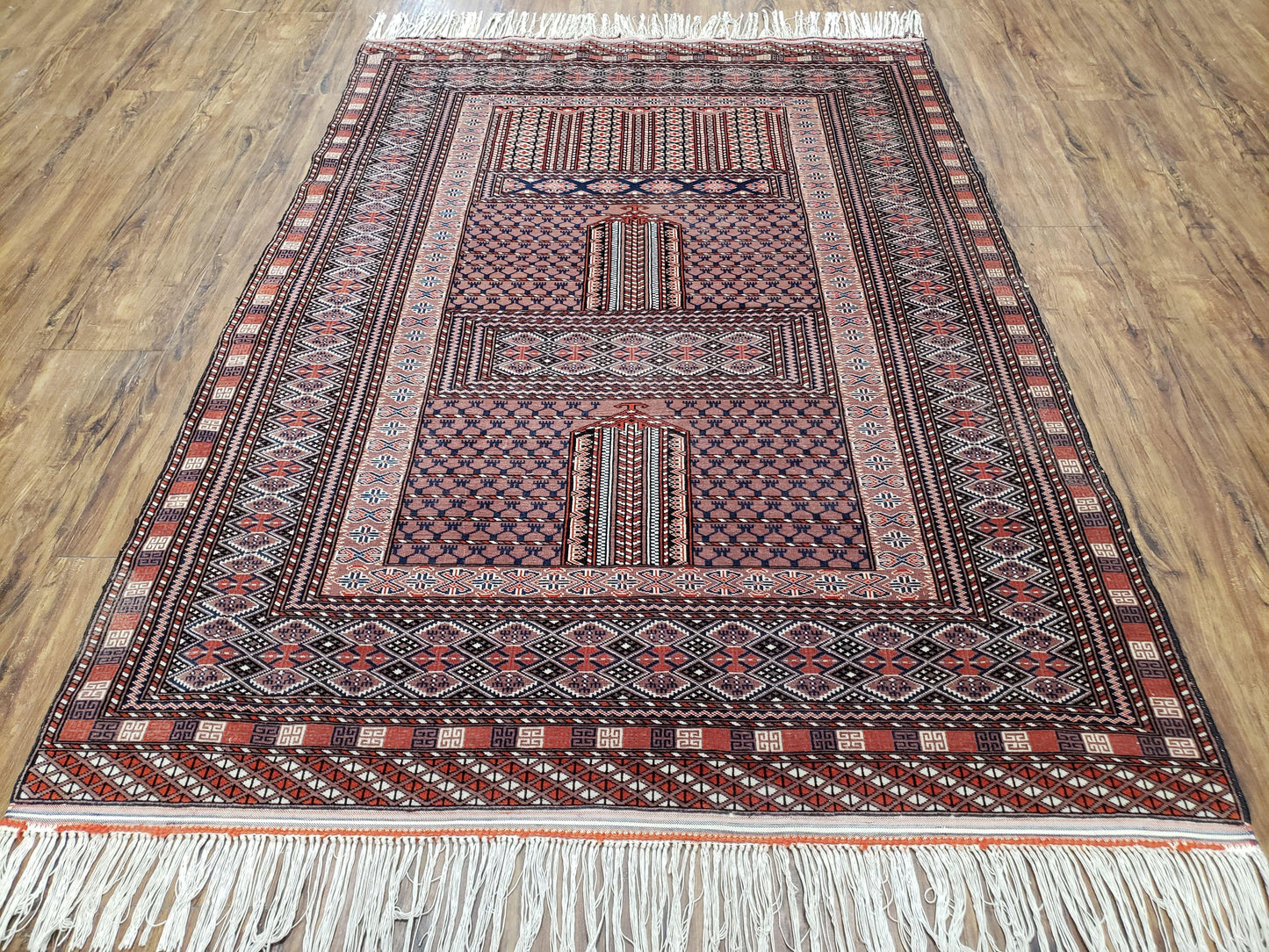 Vintage Turkoman Bokhara Rug 4x6, Four Seasons Pakistan Bukhara Turkmen Engsi Yamud Carpet, Fine Tribal Rug, Wool, Hand-Knotted, Brown, Nice - Nuvé