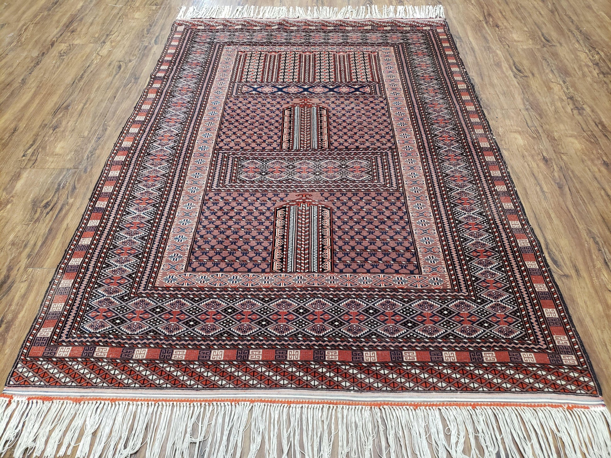 Vintage Turkoman Bokhara Rug 4x6, Four Seasons Pakistan Bukhara Turkmen Engsi Yamud Carpet, Fine Tribal Rug, Wool, Hand-Knotted, Brown, Nice - Nuvé