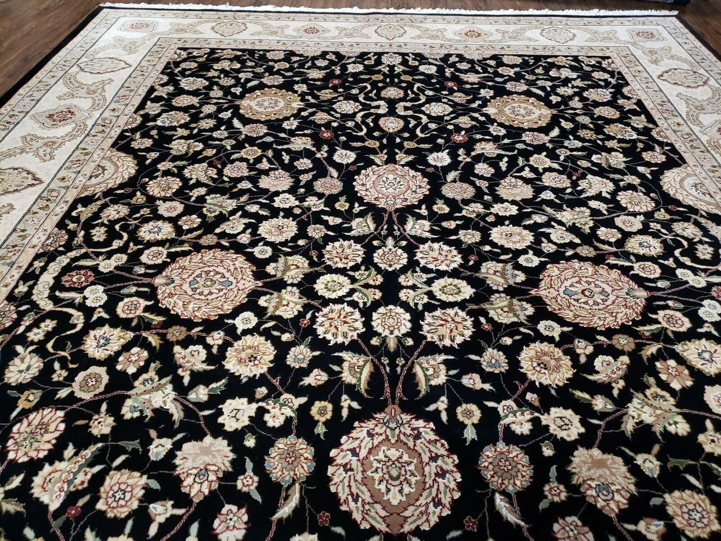 8' 5" X 11' 6" Vintage Handmade Oriental Floral Wool Rug Silk Accent Black Nice - Nuvé