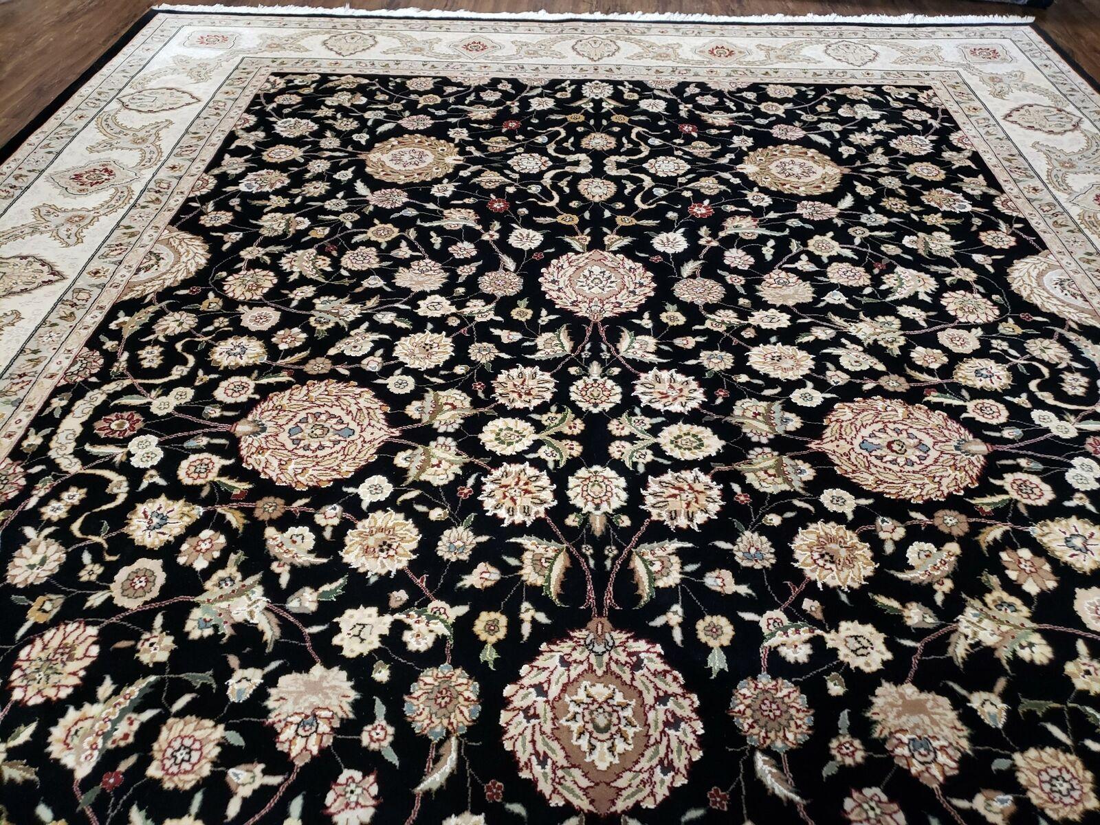 8' 5" X 11' 6" Vintage Handmade Oriental Floral Wool Rug Silk Accent Black Nice - Nuvé
