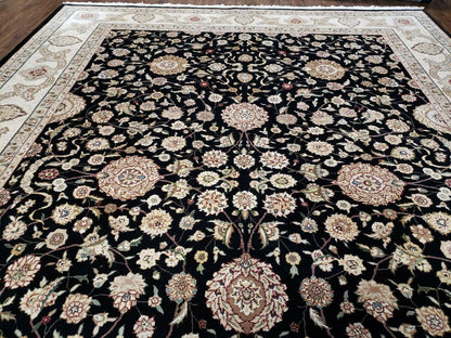 8' 5" X 11' 6" Vintage Handmade Oriental Floral Wool Rug Silk Accent Black Nice - Nuvé