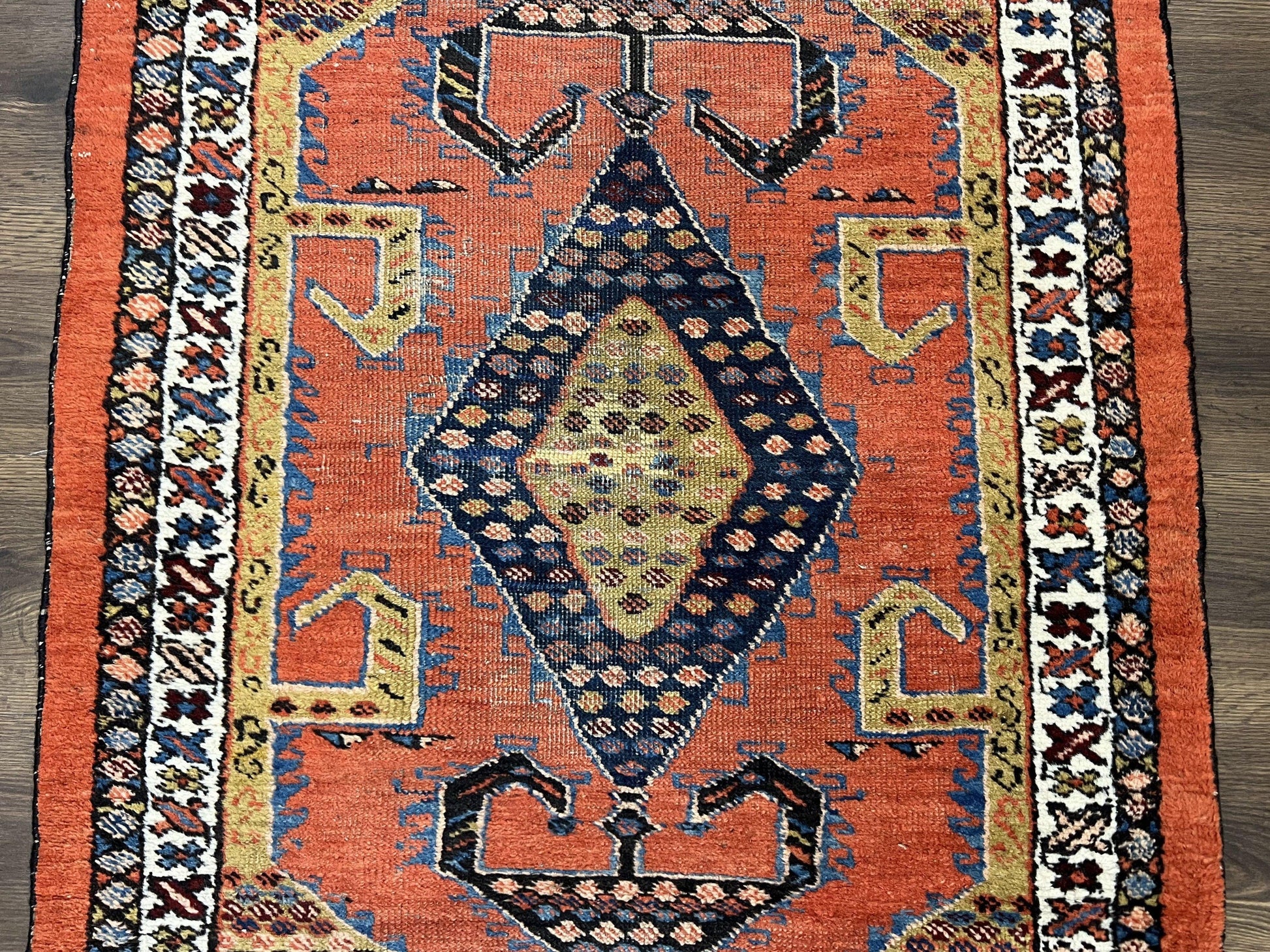 Rare Persian Tribal Runner Rug 3 x 11, Sarab Serab Persian Runner, Antique 1920s Collectible Geometric Medallions Oriental Wool Runner, Hand Knotted, Bright Orange-Red - Nuvé