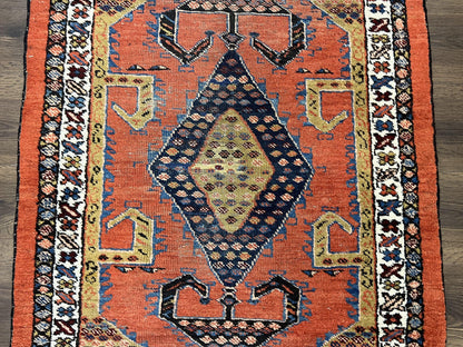 Rare Persian Tribal Runner Rug 3 x 11, Sarab Serab Persian Runner, Antique 1920s Collectible Geometric Medallions Oriental Wool Runner, Hand Knotted, Bright Orange-Red - Nuvé